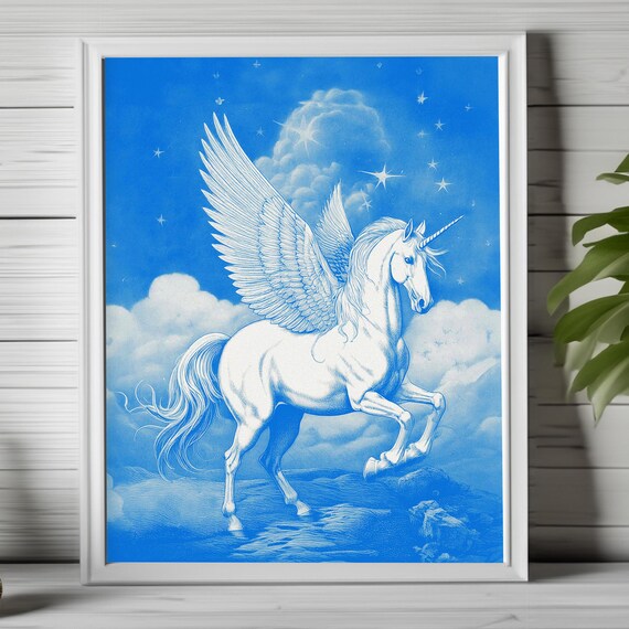 Majestic White Winged Unicorn in Starry Blue Sky Fantasy Poster