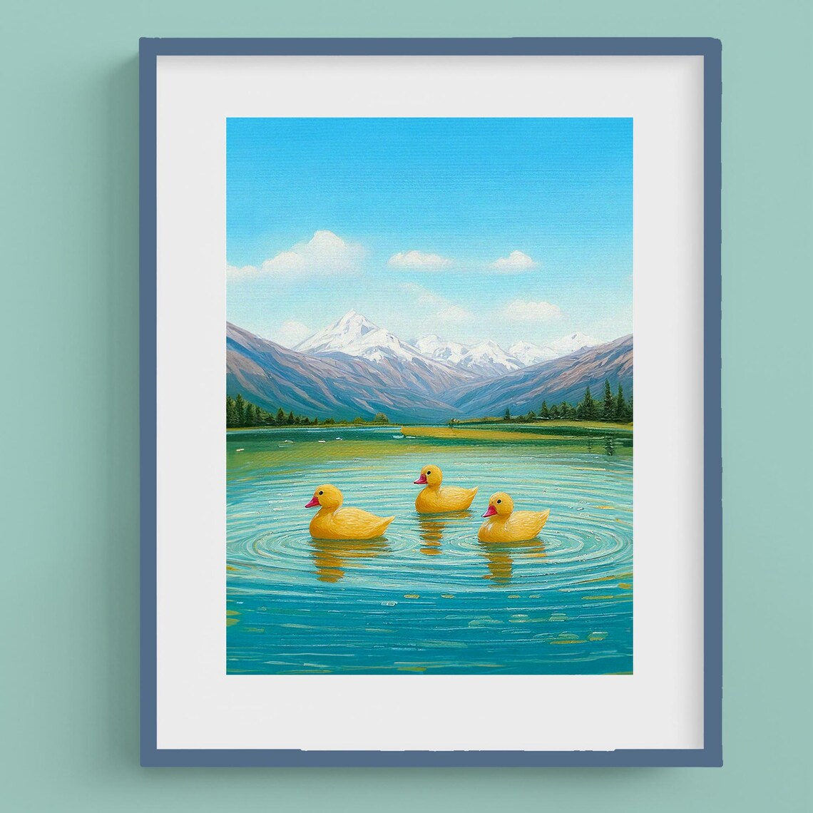 Three Yellow Ducklings on Mountain Lake Snowy Peaks Nature Art Poster - Image 3