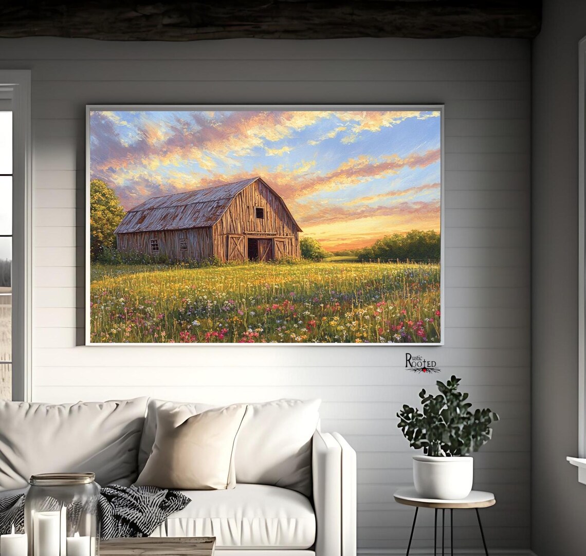 Weathered Barn at Sunset in a Wildflower Field Landscape Poster - Image 2