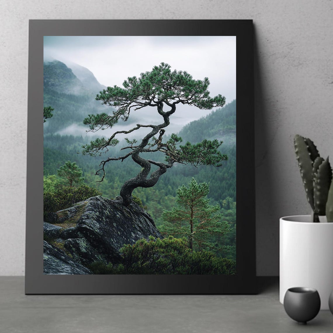 Twisted Pine Tree on a Rocky Cliff Above Misty Forest Poster