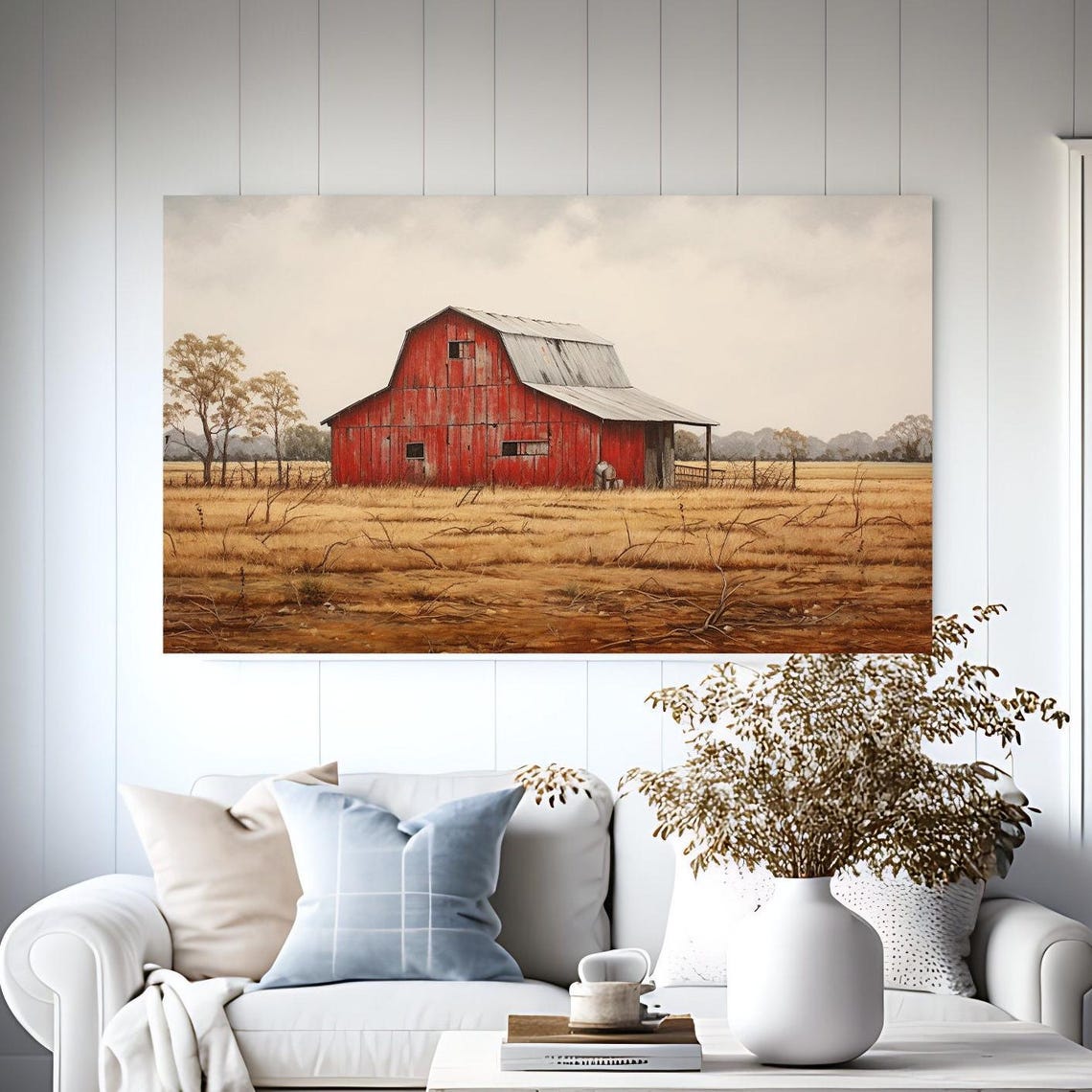 Red Barn Painting in a Golden Autumn Field at Harvest Poster - Image 4
