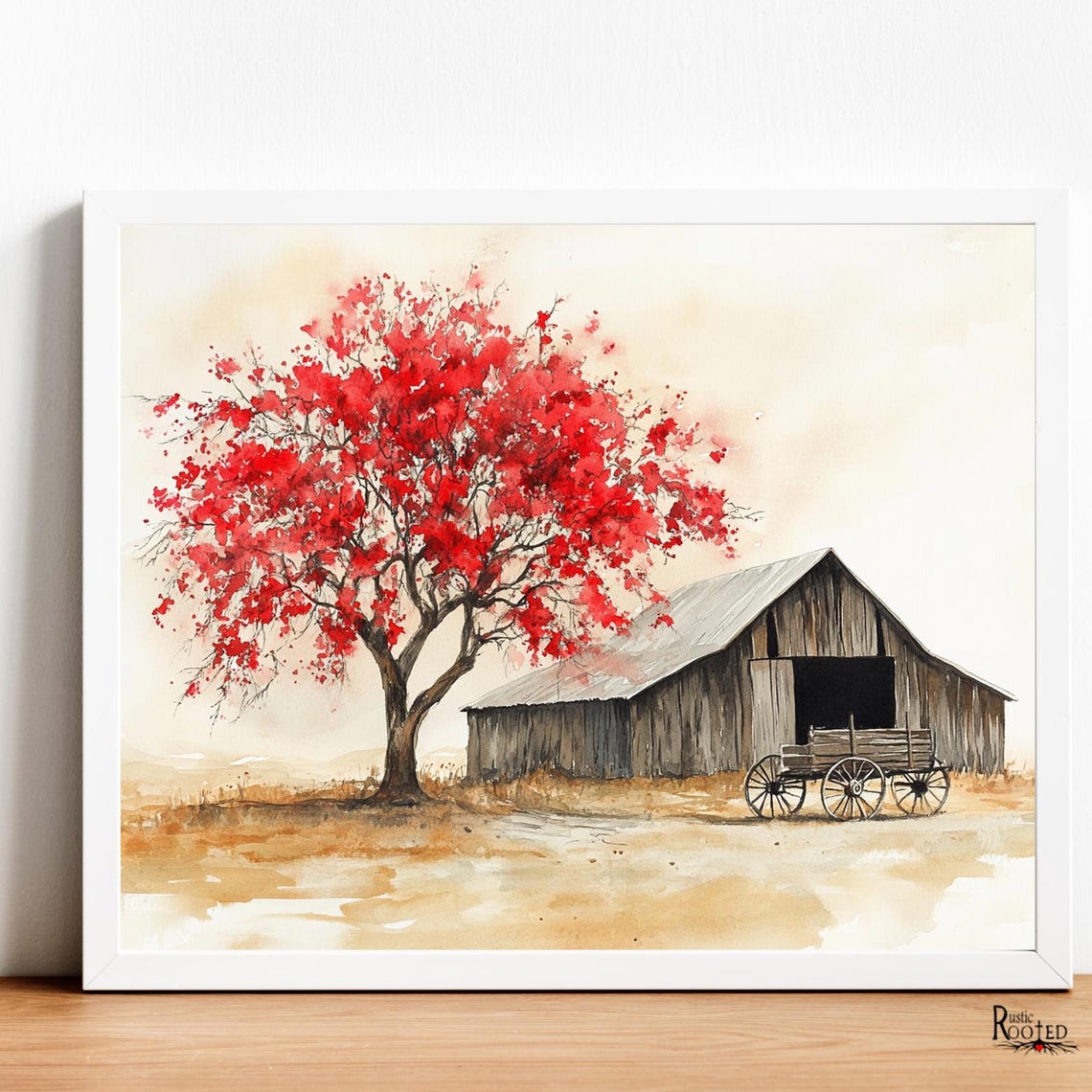 Red Flowering Tree by Old Barn Watercolor Country Scene Poster - Image 4