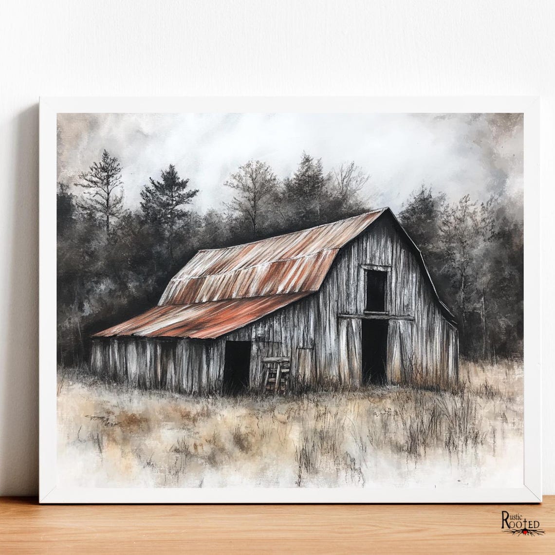 Charcoal Drawing of Weathered Barn with Rusty Red Roof Poster - Image 3