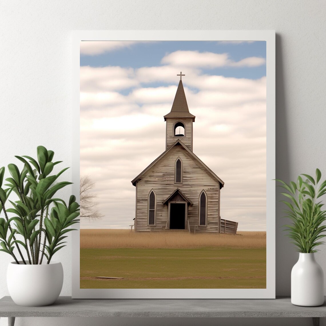 Wooden Country Church with Tall Steeple in an Open Field Poster - Image 3