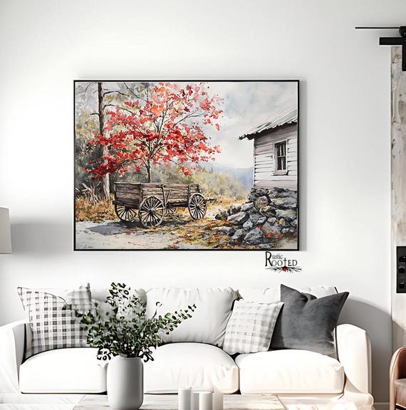 Vintage Country Homestead Painting Red Spring Flowering Tree Rustic Wagon Housewarming Gift Modern Farmhouse Home Decor Framed Print