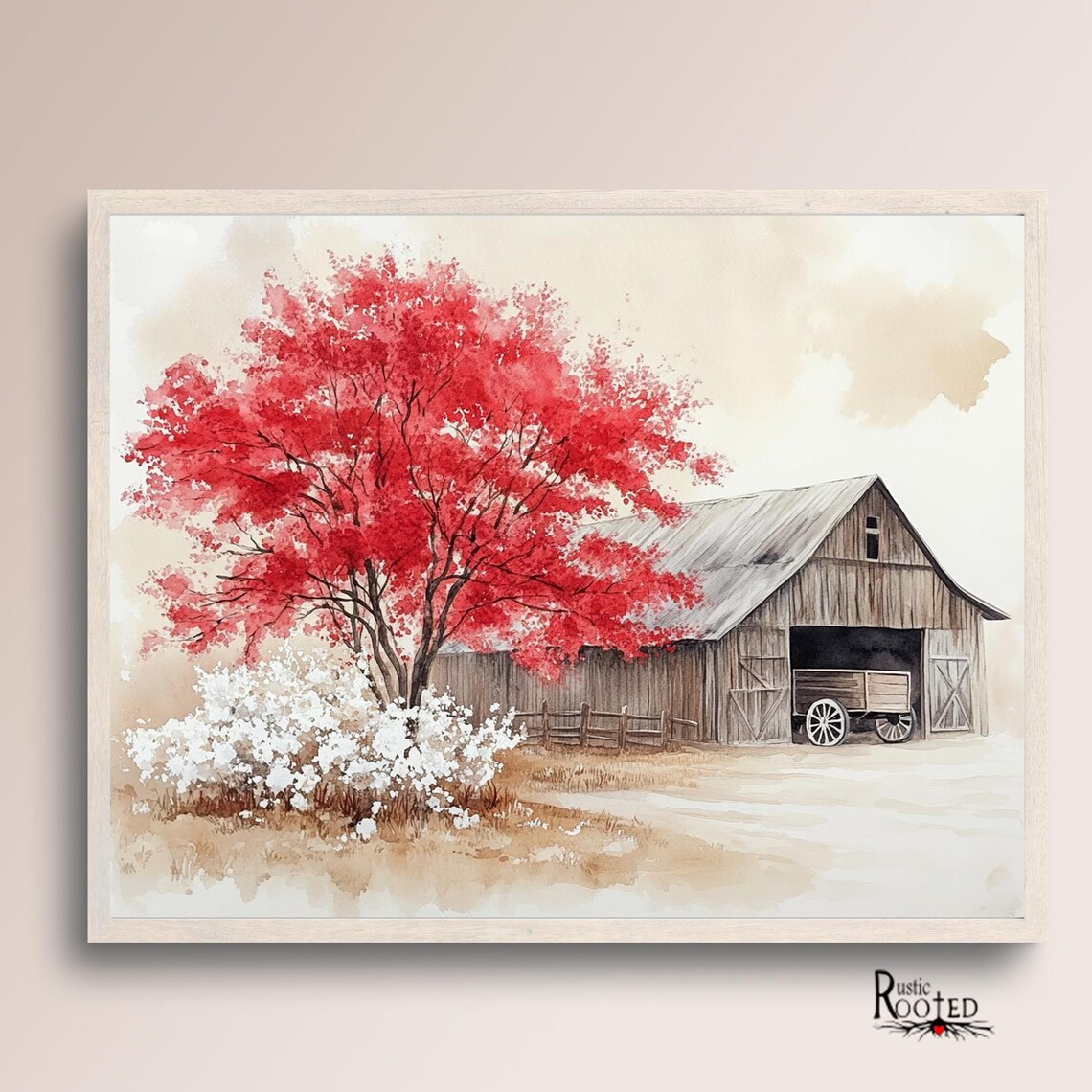 Red Blossom Tree and Barn with Wagon Watercolor Farm Art Poster - Image 4