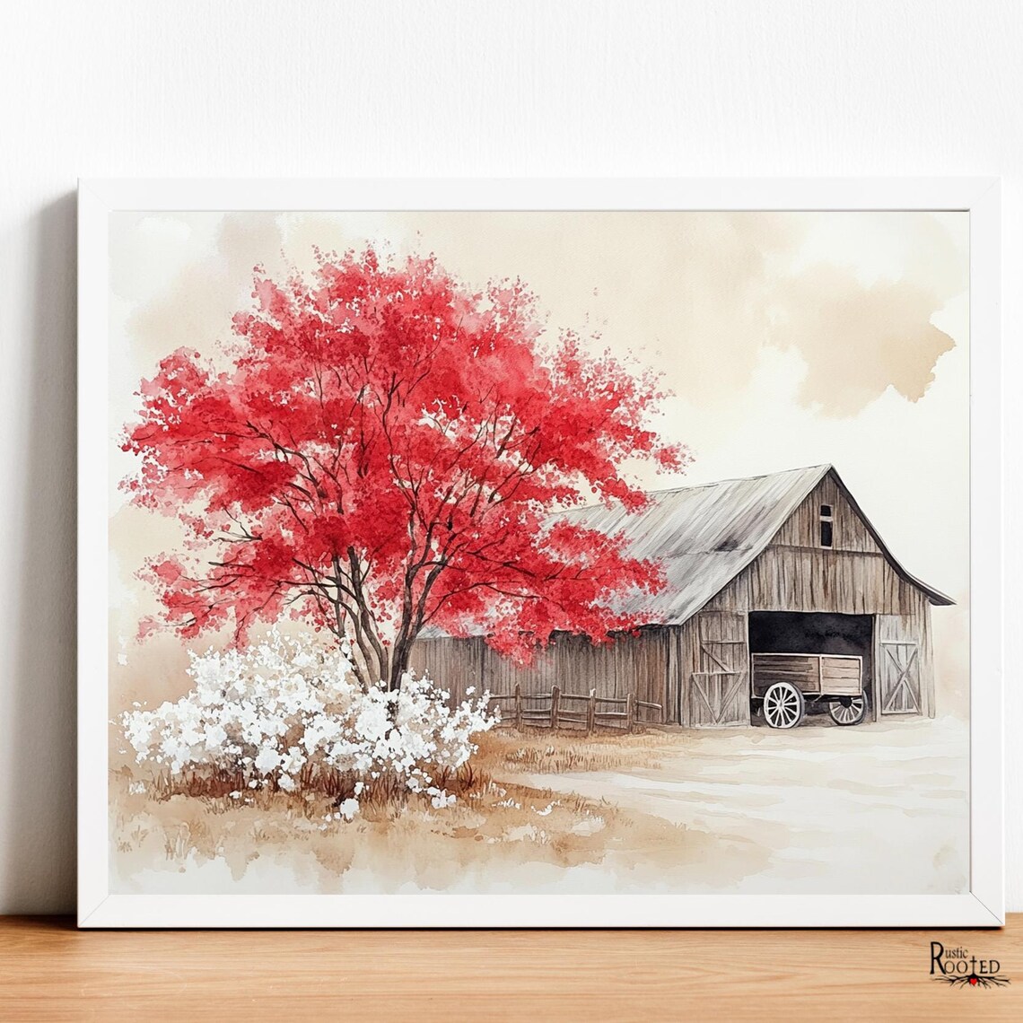 Red Blossom Tree and Barn with Wagon Watercolor Farm Art Poster - Image 3