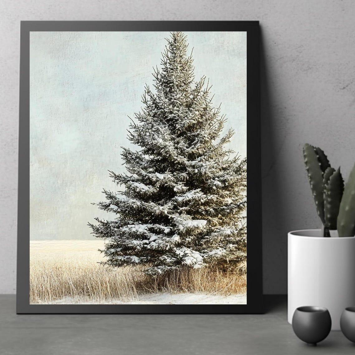 Snow-Covered Evergreen Tree in a Serene Winter Field Scene Poster