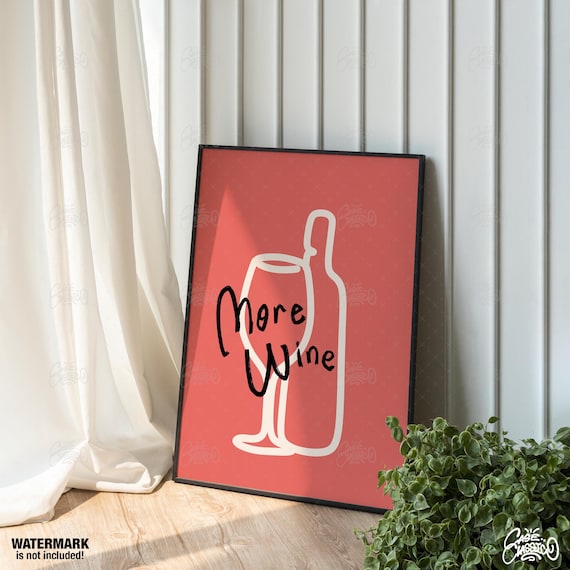 More Wine Coral Red Poster With White Line Art Glass and Bottle Design