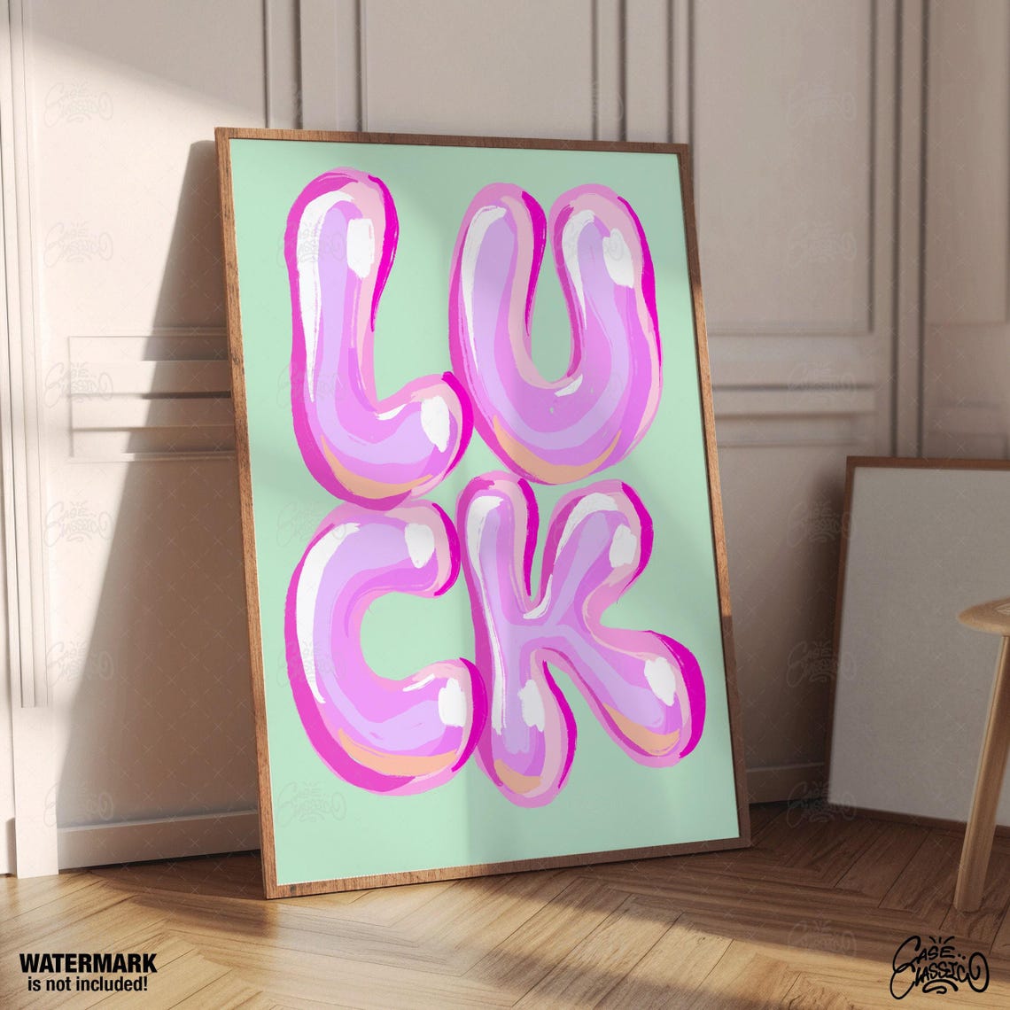 Luck Pink Shiny Bubble Letters Mint Green Graphic Typography Poster - Image 4