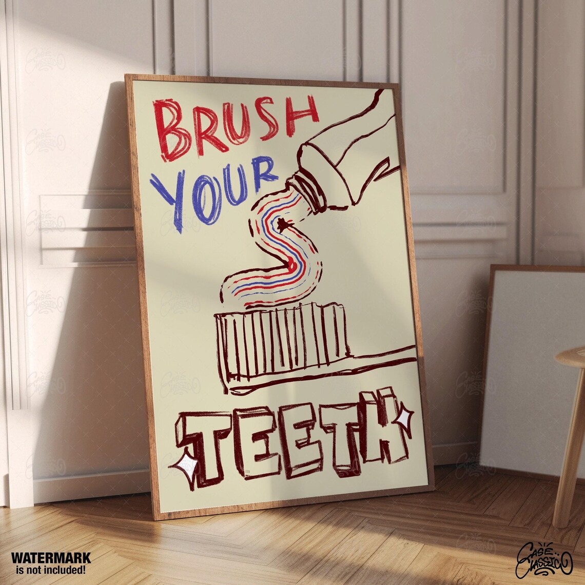 Brush Your Teeth Cream Retro Toothbrush Quote Poster For Bathroom - Image 4