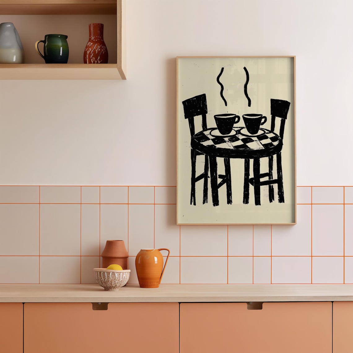 Two Steaming Coffee Cups Checkered Cafe Table Minimalist Ink Poster - Image 2