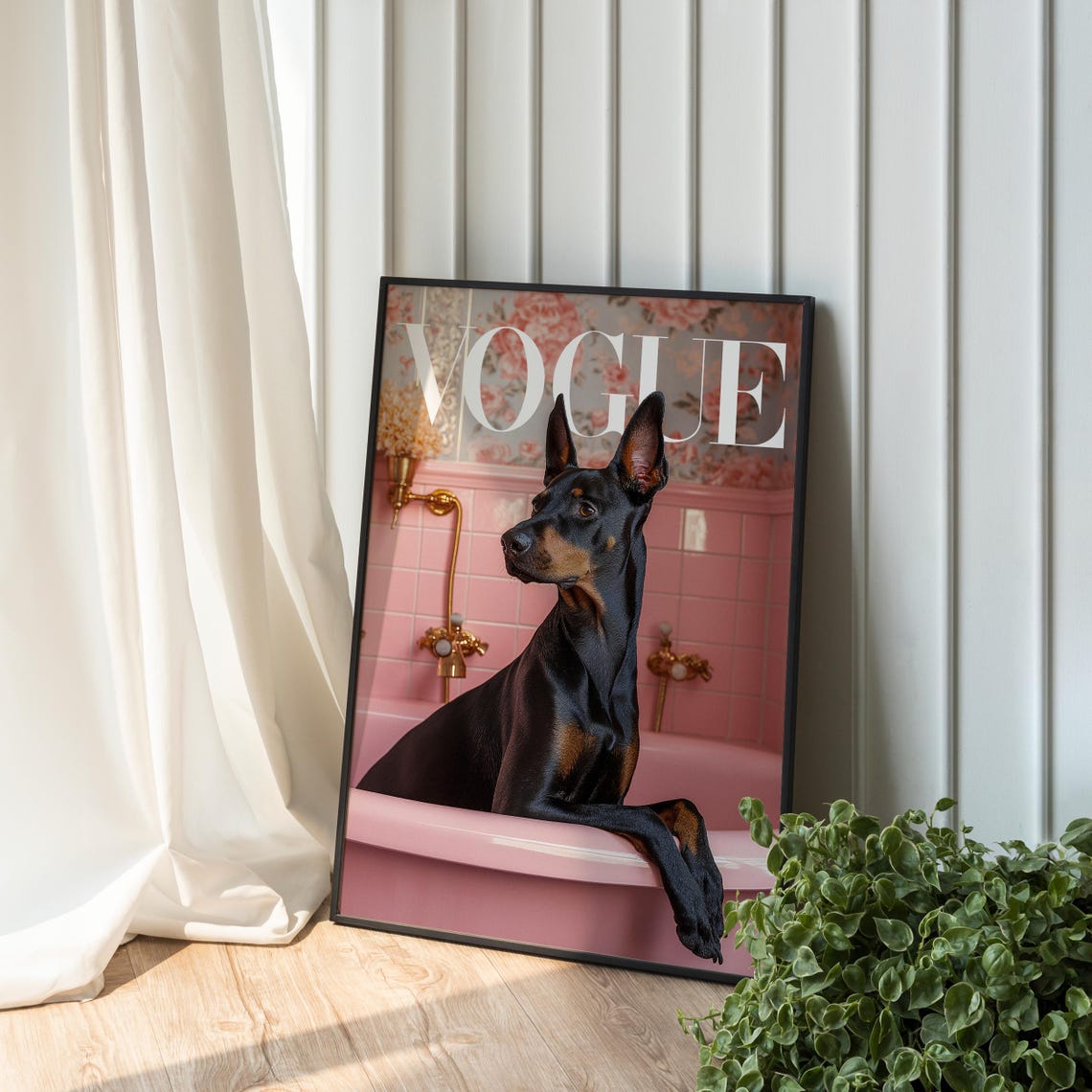 Doberman Pinscher in Pink Bathtub Funny Vogue Style Dog Poster