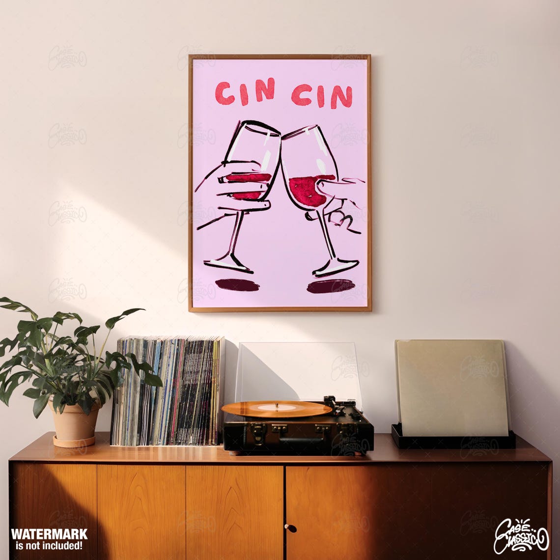 Cin Cin Wine Glasses Clinking Illustrated Toast Pink Wall Poster - Image 3
