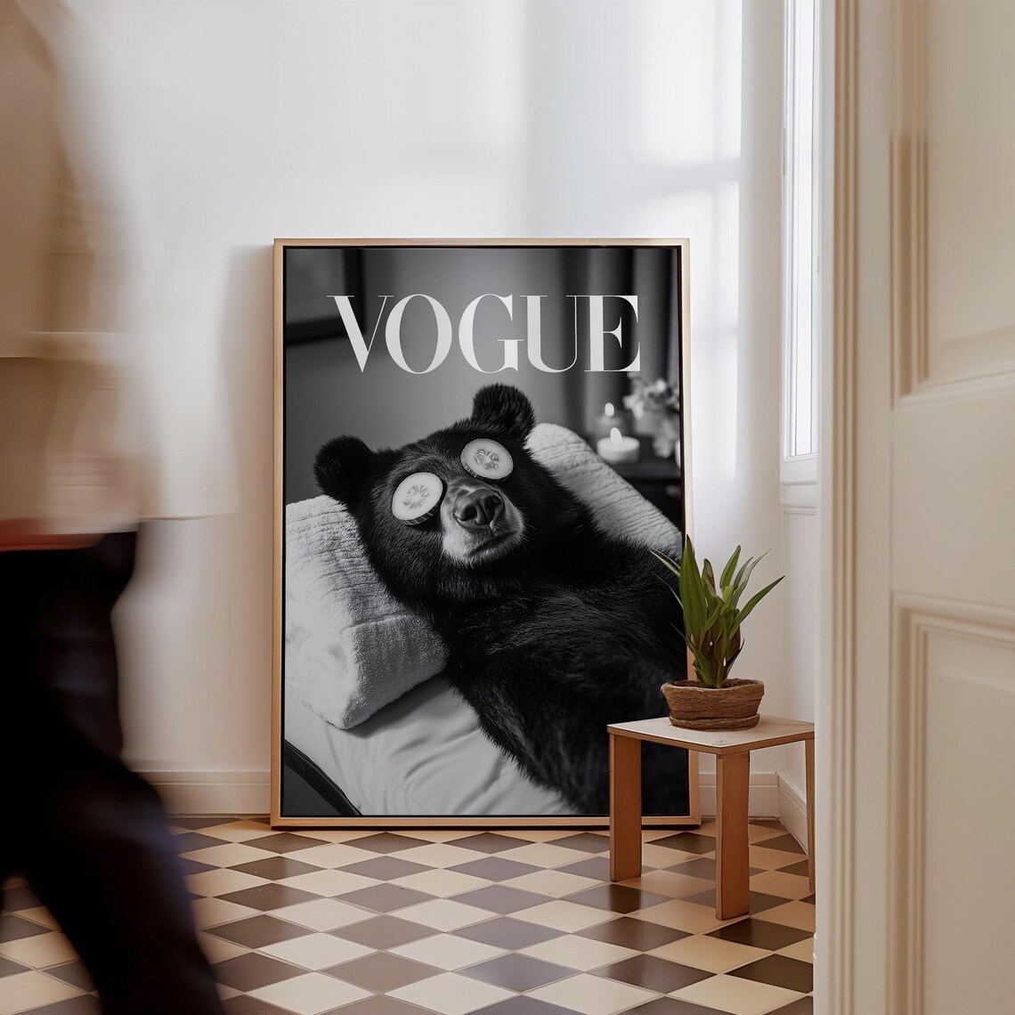 Vogue Black Bear Spa Day Cucumber Slices Funny Animal Art Poster - Image 2