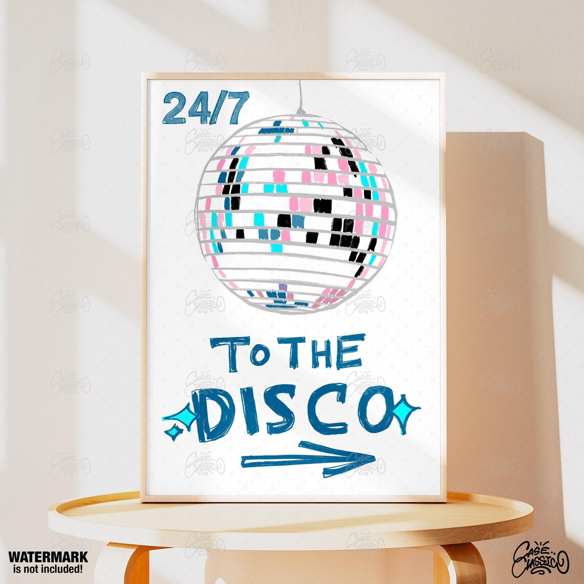 24-7 To The Disco Hand Drawn Blue Retro Dance Party Quote Poster - Image 4