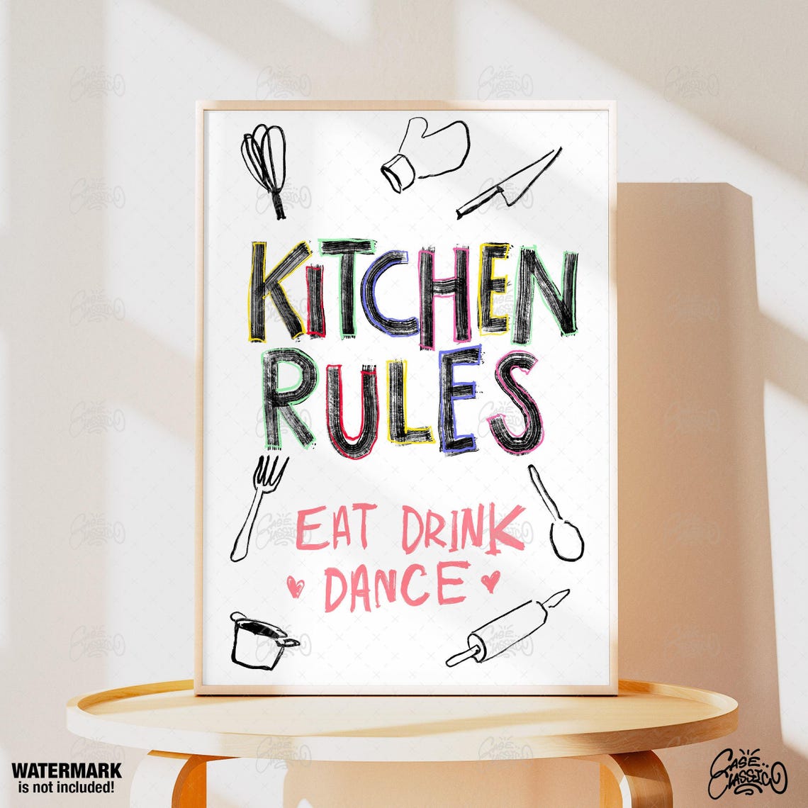 Kitchen Rules Eat Drink Dance Hand Drawn Doodle Kitchen Poster