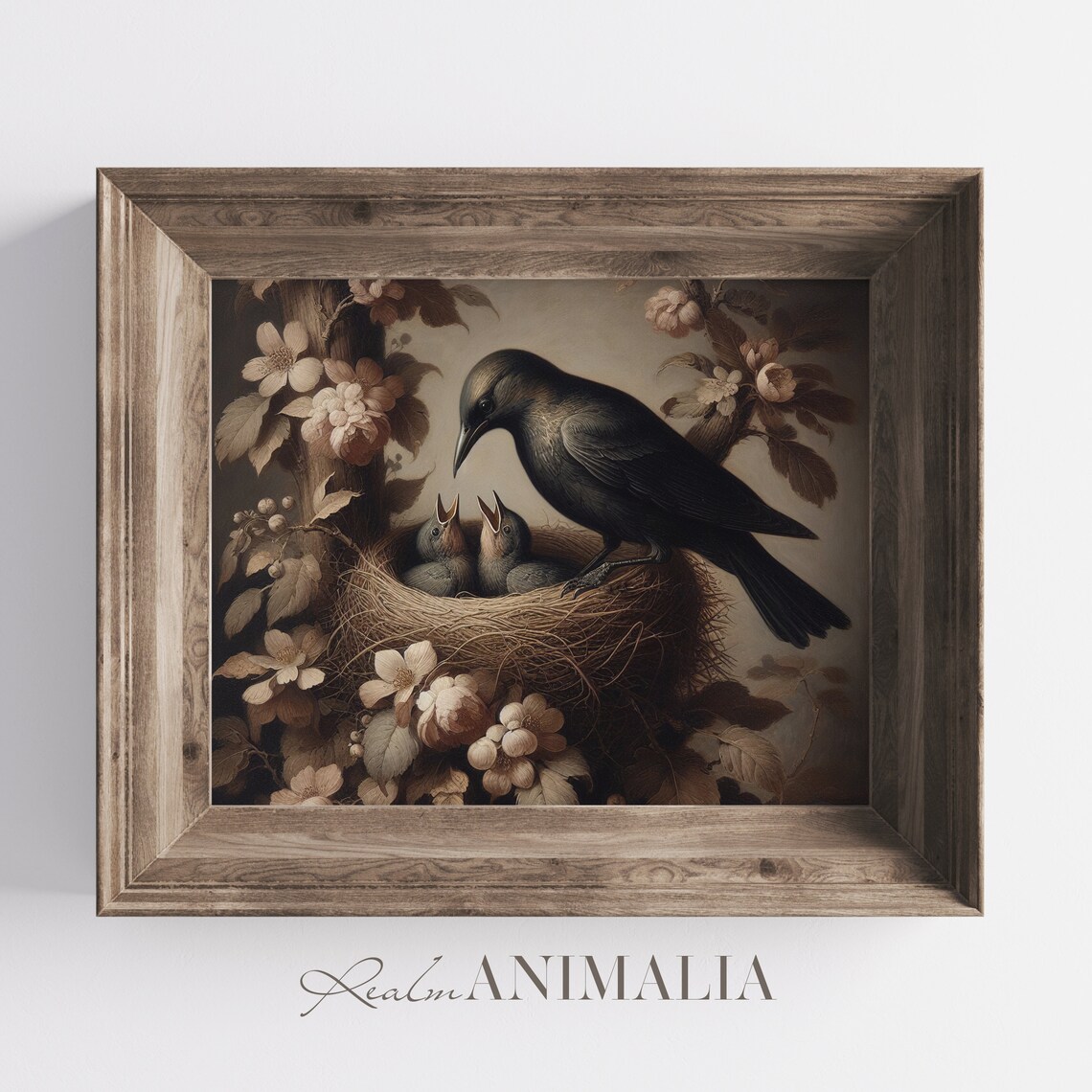 Blackbird Feeding Baby Birds In Nest Among Blossoms Vintage Wall Art Print - Image 2