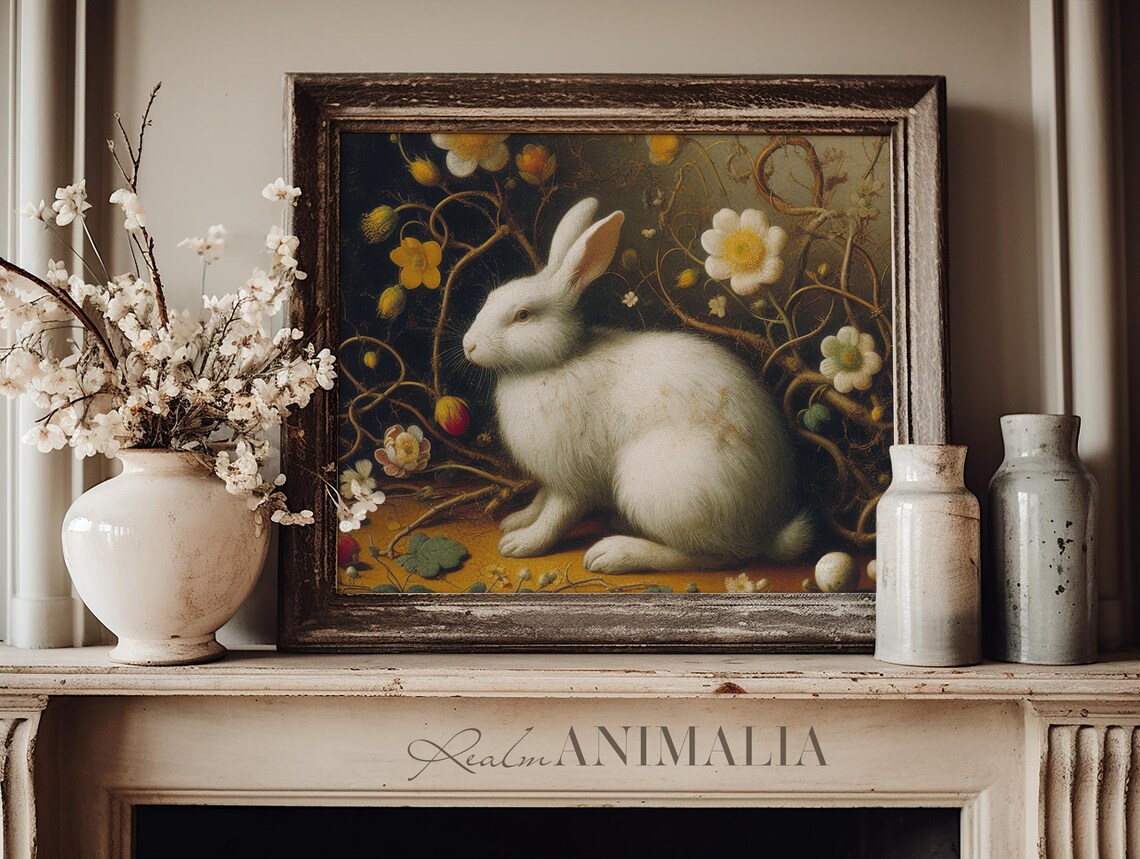 White Rabbit Among Golden Vines And Wildflowers Square Vintage Art Print - Image 3