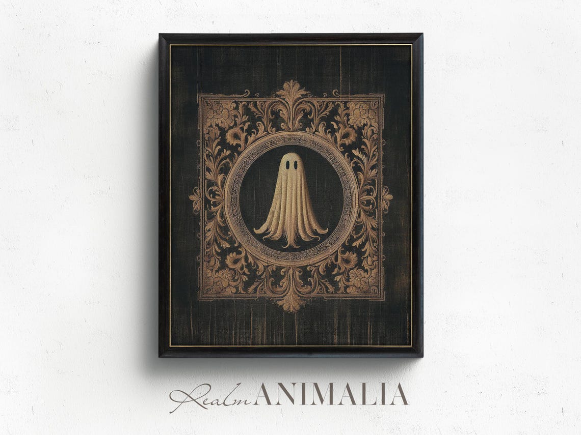 Ghost In Square Gold Tapestry Medallion Black Gothic Art Print - Image 4