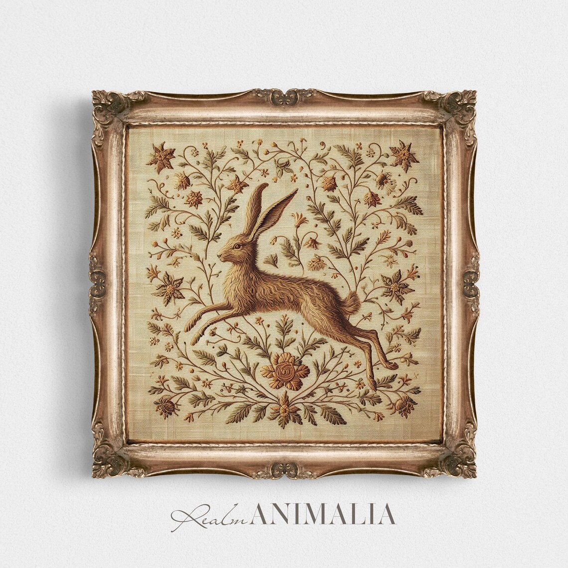 Leaping Hare On Vintage Embroidered Tapestry With Botanical Florals Poster - Image 3