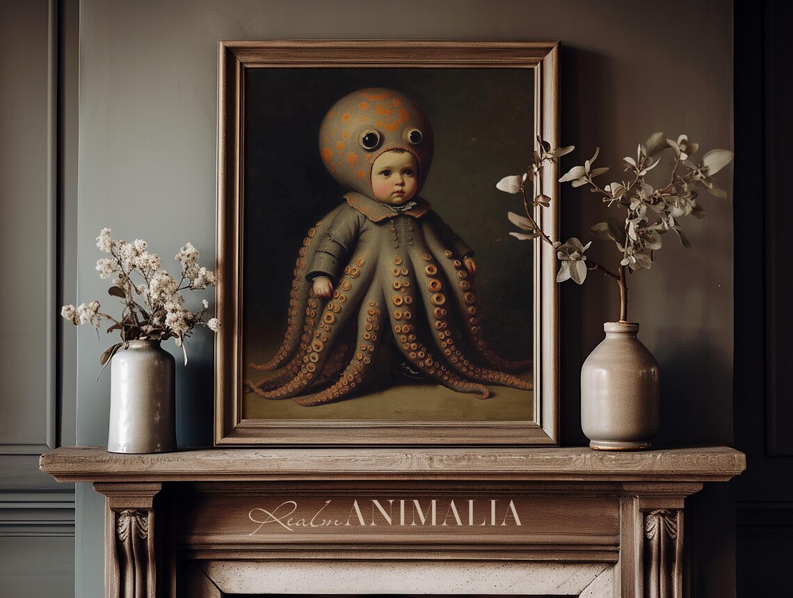 Vintage Child In Octopus Costume Oil Painting Spooky Halloween Art Poster - Image 3