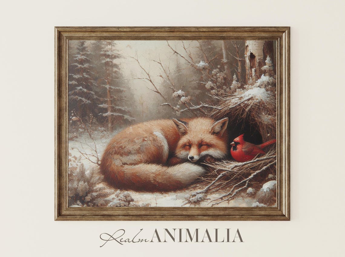 Sleeping Red Fox With Cardinal Bird In Snowy Forest Winter Art Poster