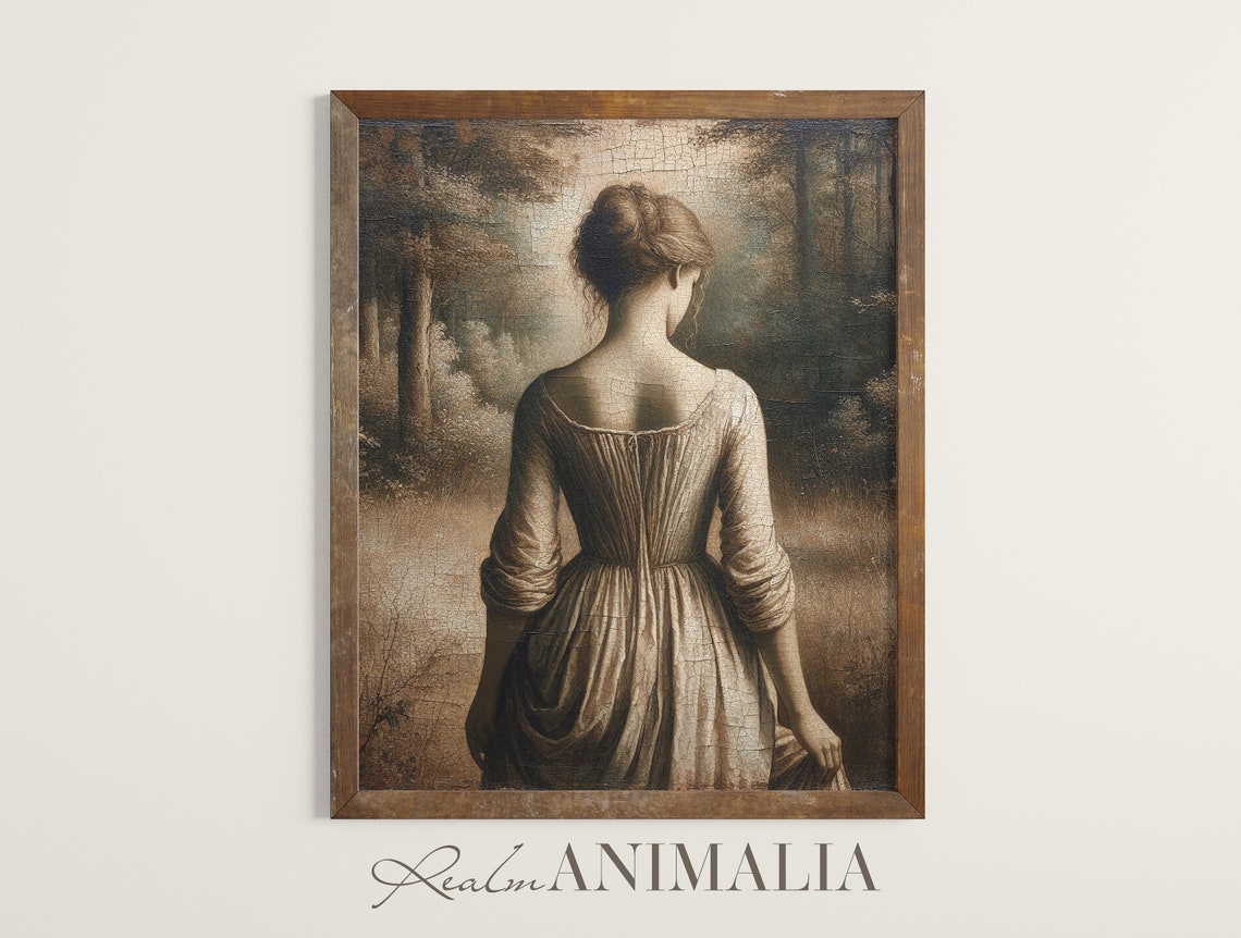 Vintage Woman Entering Woods Painting Neutral Vintage Female Figure Print Woman Antique Portrait Art Hu008