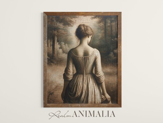 Vintage Woman Walking Into Forest From Behind Sepia Nostalgic Art Poster