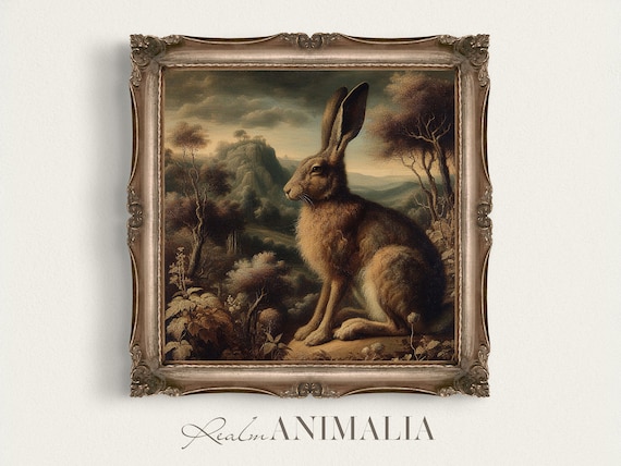 Autumn Hare Vintage Oil Painting Rolling Hills Landscape Rustic Wildlife Print