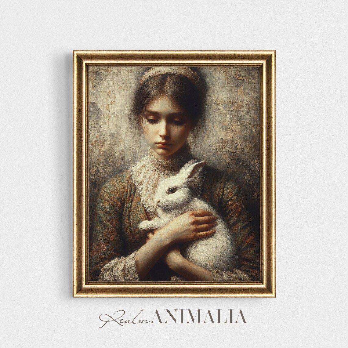 Vintage Girl Holding White Rabbit Tender Oil Painting Portrait Art Poster - Image 3