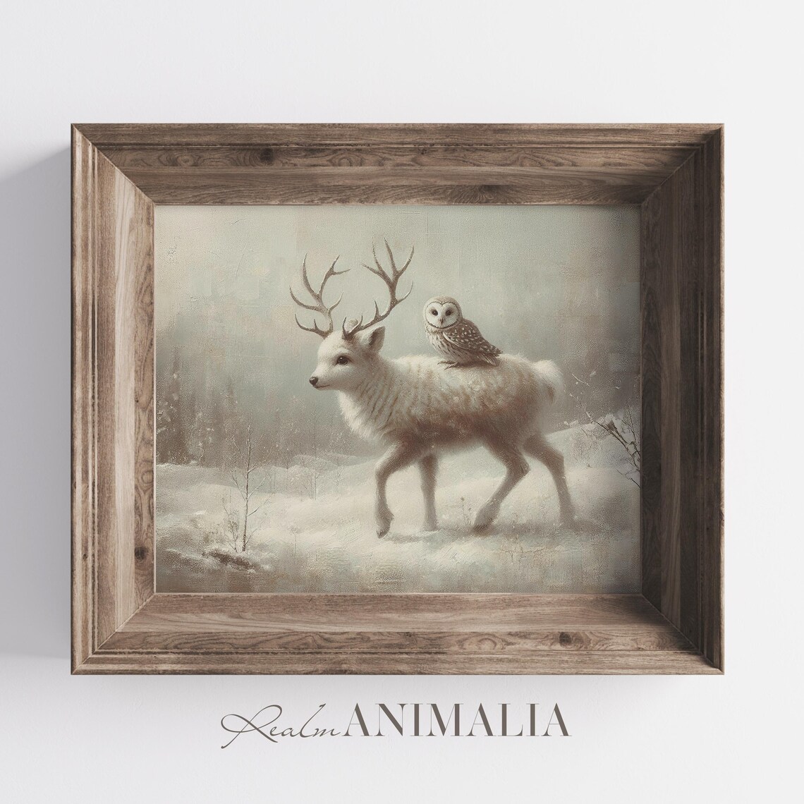 Baby Reindeer With Owl Painting Neutral Winter Wall Art Beige Christmas Holiday Art Prints Baby Animal Nursery Prints Wh140 - Image 3