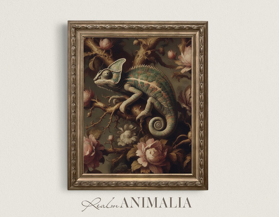 Vintage Chameleon Lizard Art Print, Botanical Decor
