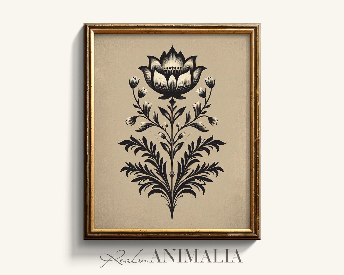 Scandinavian Folk Art Flower Black And White Botanical Wall Art