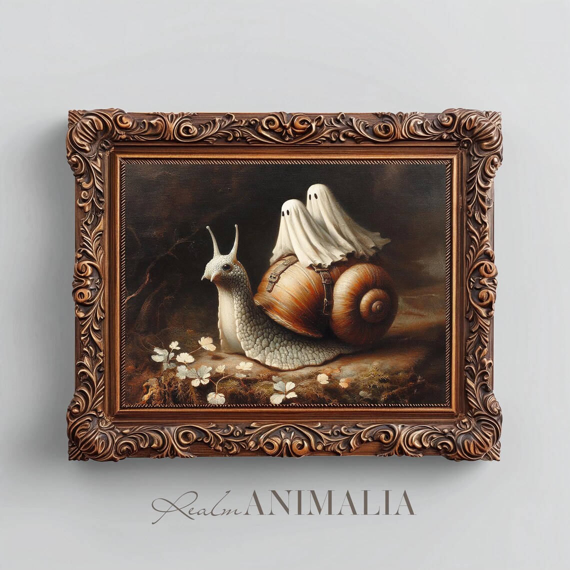 Little Ghosts Riding Snail Vintage Halloween Art Print - Image 3