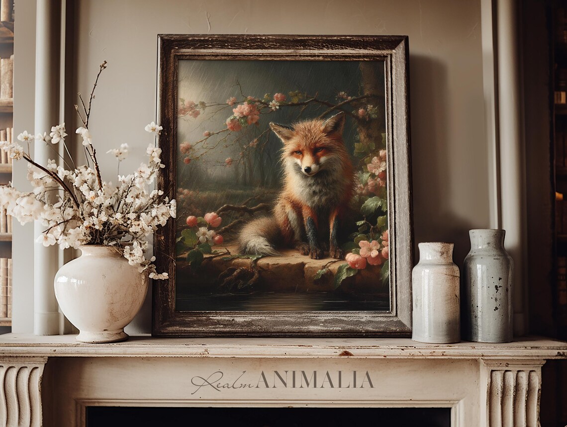 Red Fox Sitting In Spring Rain Among Pink Blossom Branches Moody Woodland Poster - Image 3