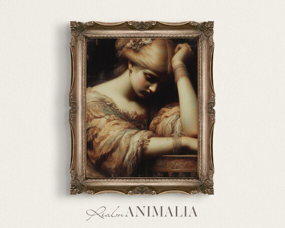 Vintage Female Portrait Painting Moody Female Portrait Wall Art Antique Style Victorian Portraiture Dark Academia Prints Hu005