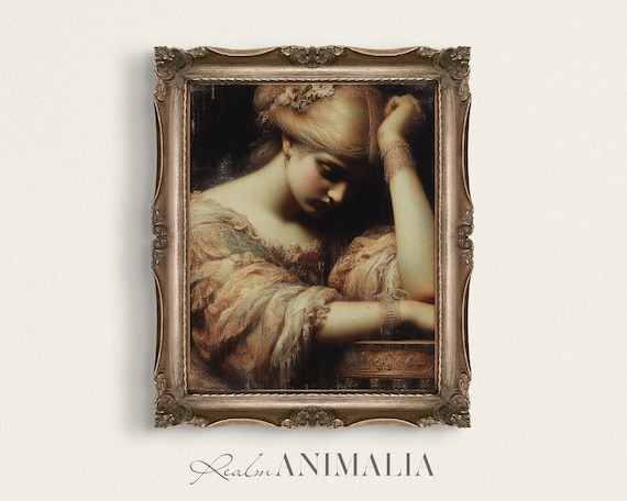 Vintage Melancholy Woman Portrait Leaning On Arm Dark Romantic Art Poster