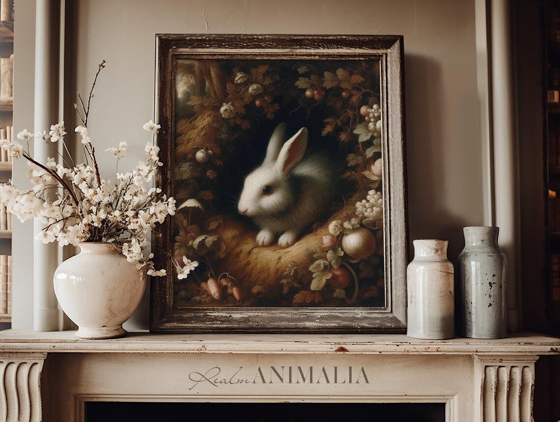 White Rabbit Antique Painting Vintage Moody Spring Rabbit Art Print Easter Fine Art Wall Decor Br006 - Image 3