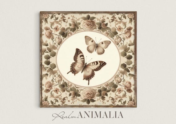 Butterflies Square Art Print Neutral Wall Art Floral Cottage Vintage Textile Art Nursery Decor Cottagecore Art Prints Ctg107