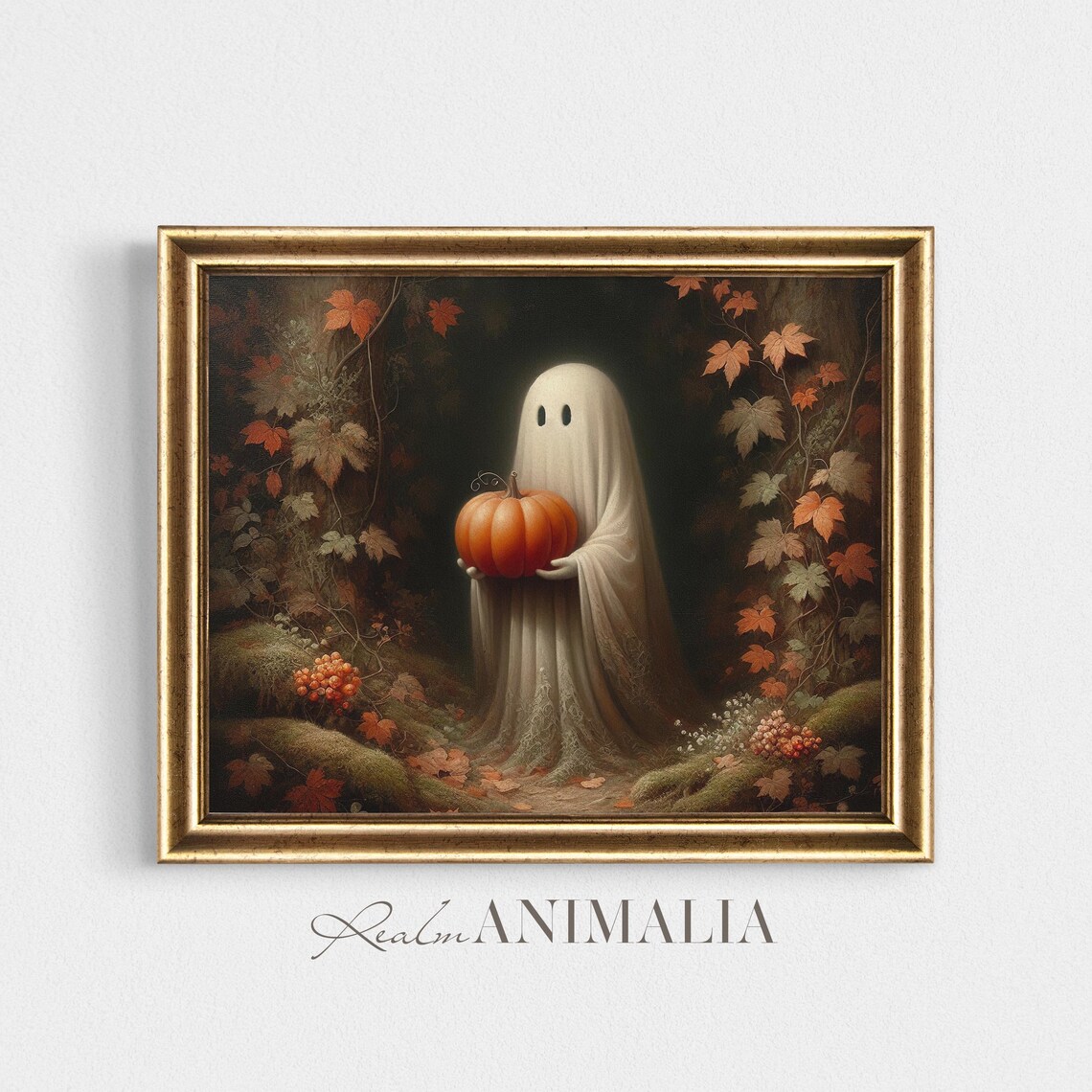 Little Ghost Holding Orange Pumpkin Dark Autumn Forest Halloween Poster - Image 4