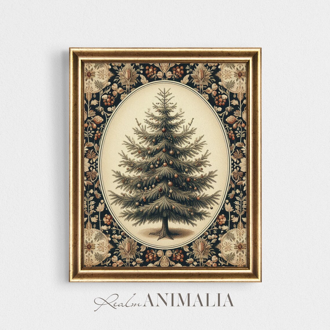 Decorated Christmas Fir Tree On Floral Tapestry Botanical Poster - Image 2