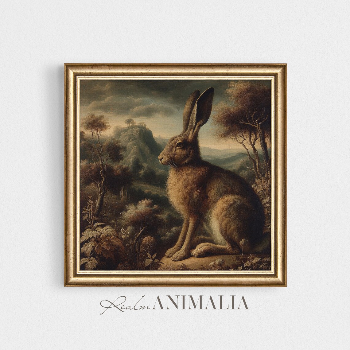 Autumn Hare Vintage Oil Painting Rolling Hills Landscape Rustic Wildlife Print - Image 4