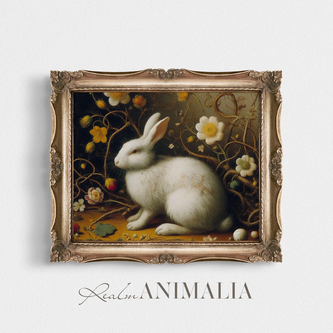 White Rabbit Among Golden Vines And Wildflowers Square Vintage Art Print - Image 4