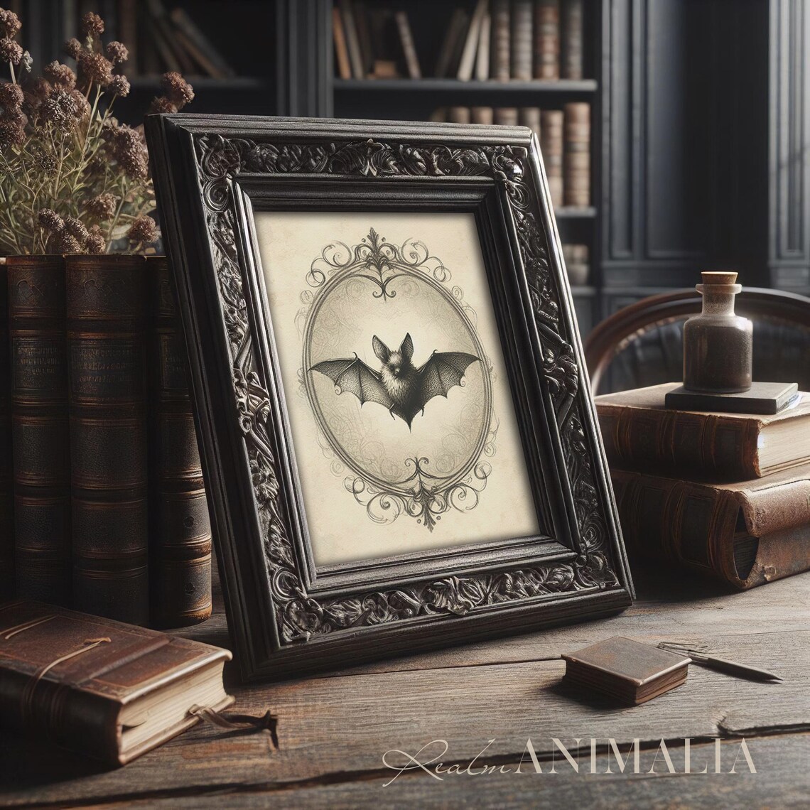 Bat Sketch Vintage Victorian Drawing Ornate Oval Frame Sepia Halloween Print - Image 2