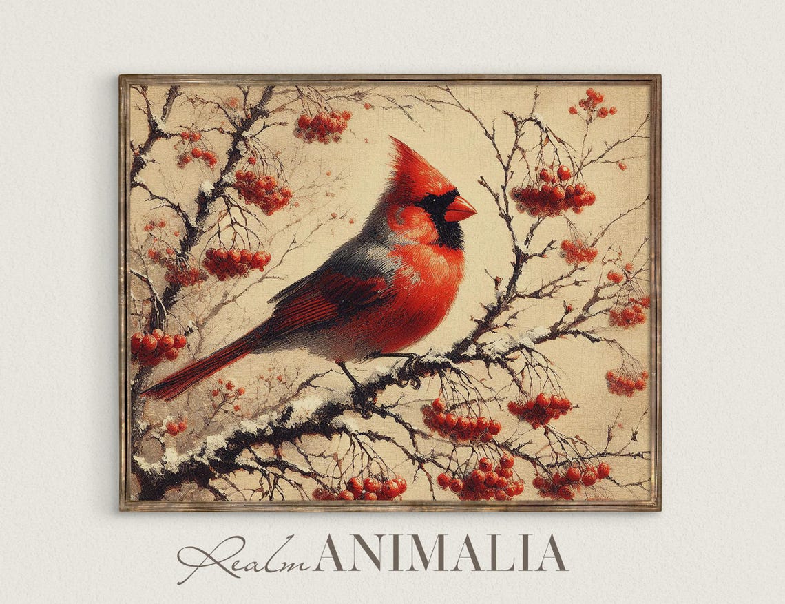 Red Cardinal On Snowy Winter Branch With Red Berries Bird Poster
