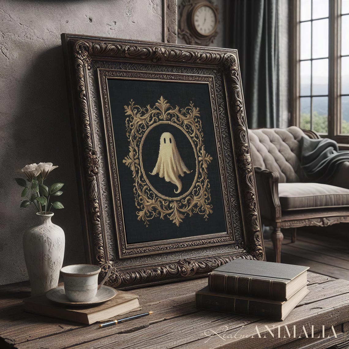 Tiny Ghost In Gold Oval Medallion Black Gothic Tapestry Art Print - Image 3