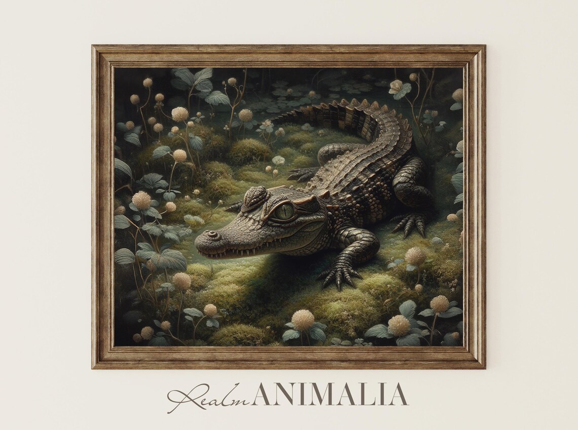 Baby Alligator In Mossy Swamp Moody Botanical Painting Poster