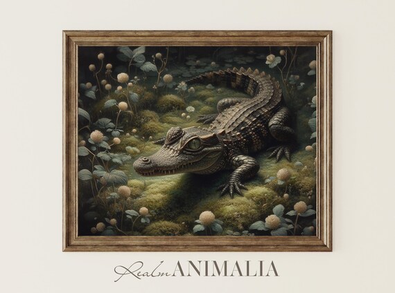 Baby Alligator Art Print Moody Reptile Wall Art Botanical Swamp Alligator Painting Gator Fine Art Print Ac003