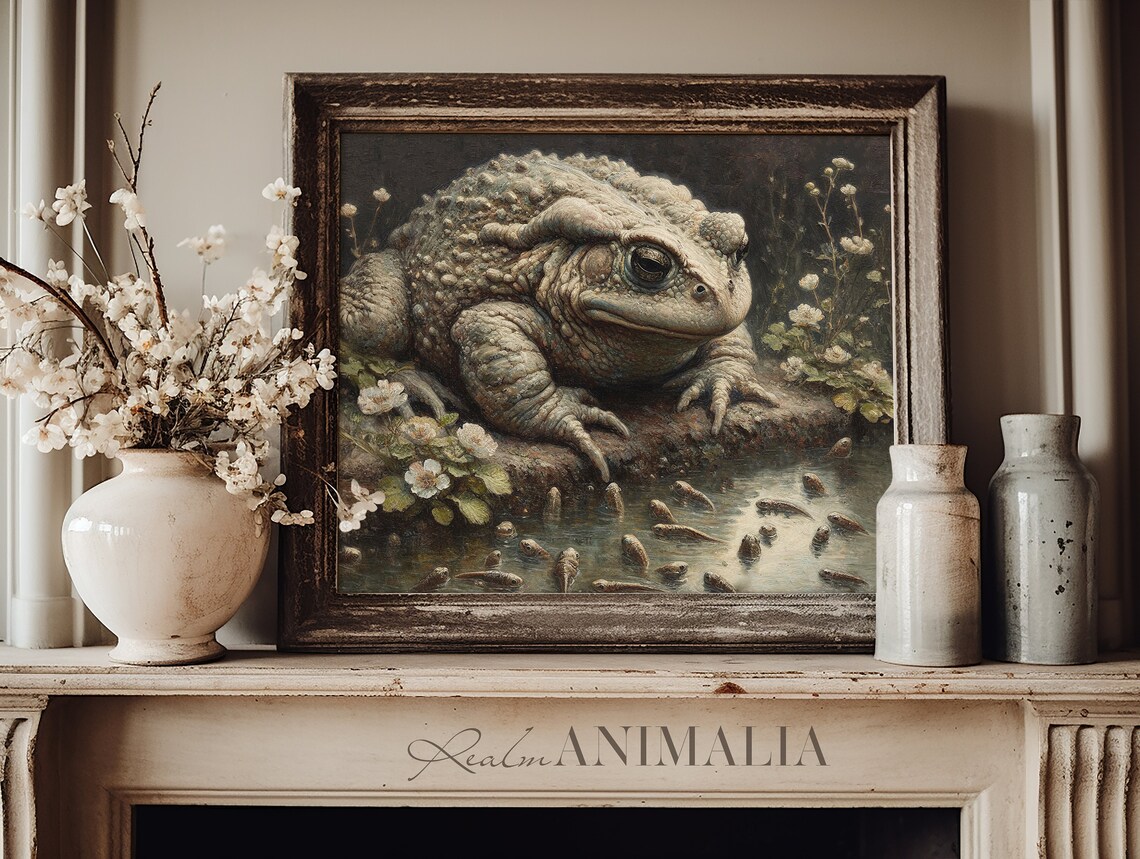 Vintage Toad With Tadpoles Nature Scenery Art Print - Image 3